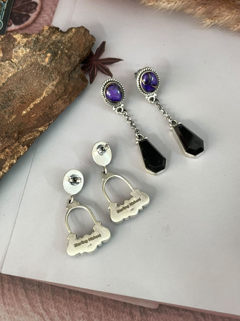 Handmade Sterling Silver Grape Dahlia with Black Onyx Halloween Collection: Post Dangle Earrings Signed Nizhoni