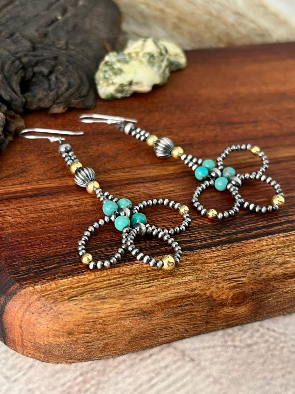 Handmade Sterling Silver Kingman Turquoise Hook Dangle Gold Beaded Earrings