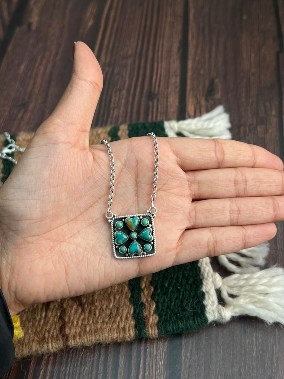 "Heart Collection" Handmade Sterling Silver Kingman Turquoise Necklace "Signed Nizhoni"