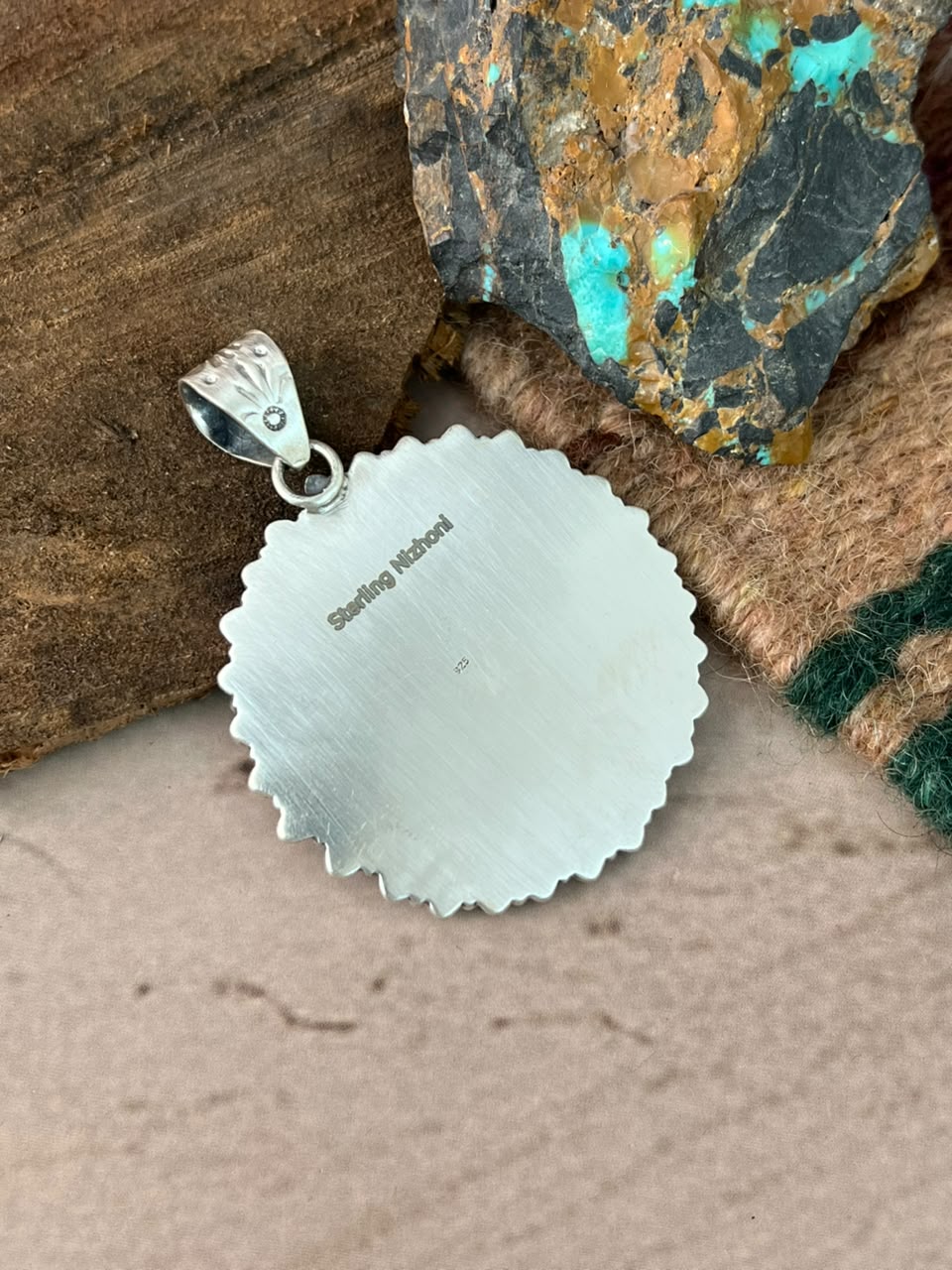 Handmade Sterling Silver Kingman Turquoise with White Buffalo Pendant Signed Nizhoni (4)