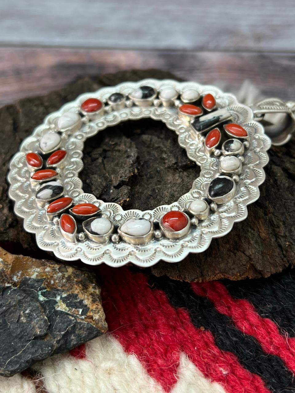 "Christmas Collection" Handmade Sterling Silver White Buffalo with Coral Pendant "Signed Nizhoni"