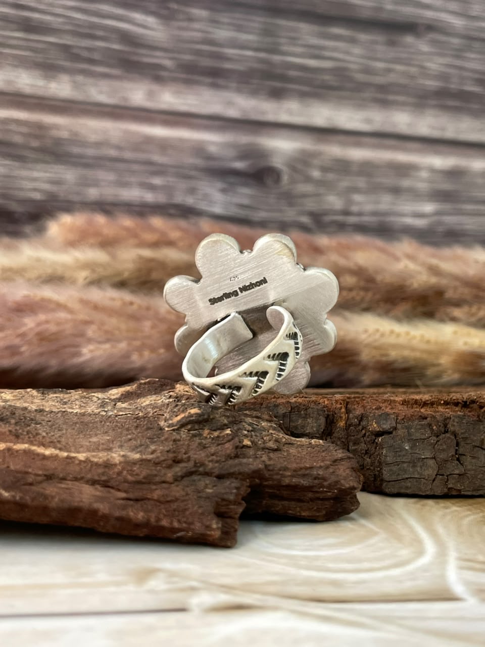 Handmade Sterling Silver Blackjack Turquoise Adjustable Ring Signed Nizhoni