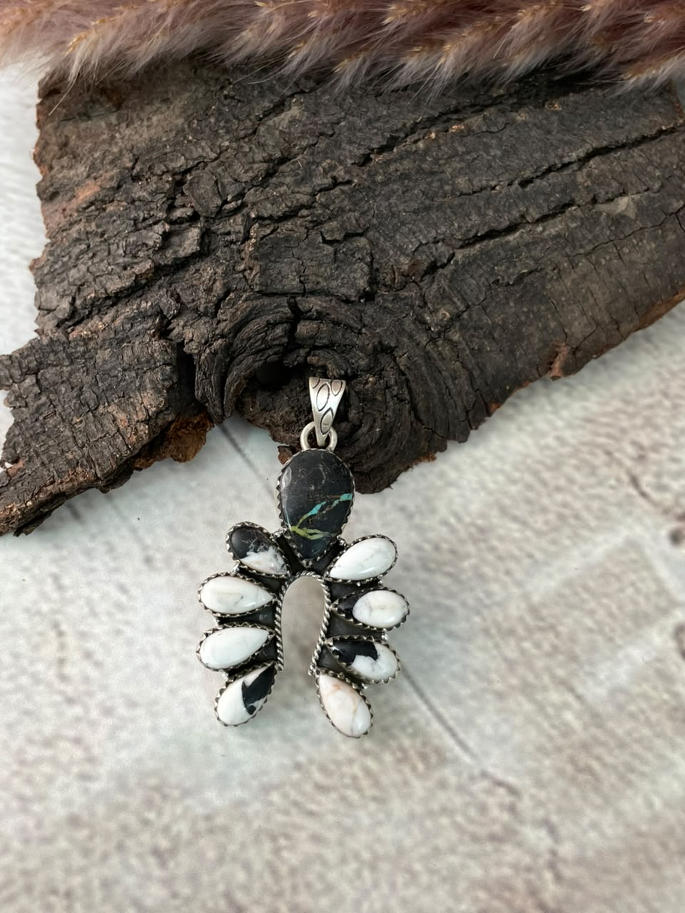 Handmade Sterling Silver White Buffalo with Blackjack Turquoise Naja Pendant Signed Nizhoni