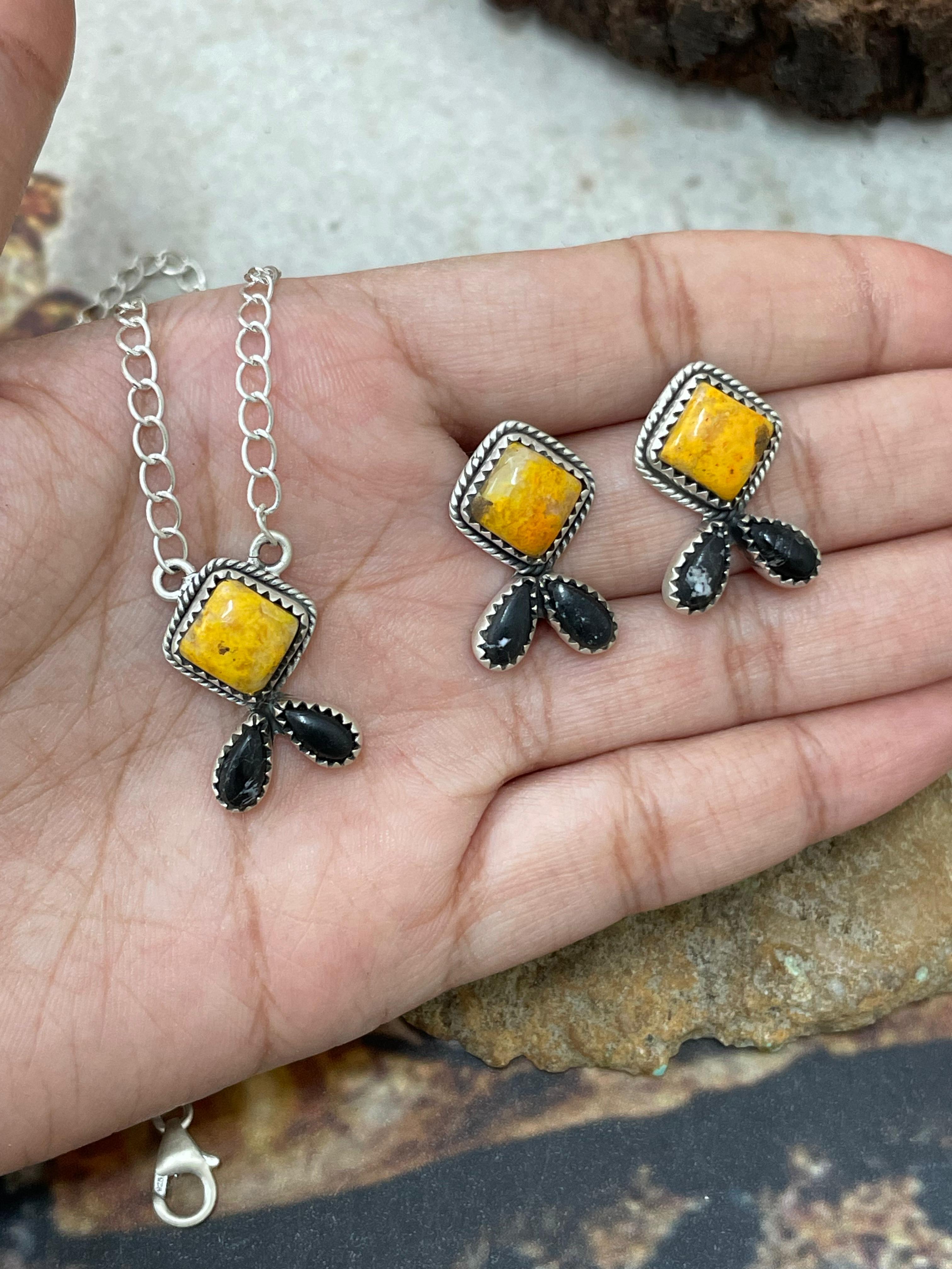 "Halloween Collection" Handmade Sterling Silver Black Onyx, Bumblebee Necklace Earring Set, Signed Nizhoni