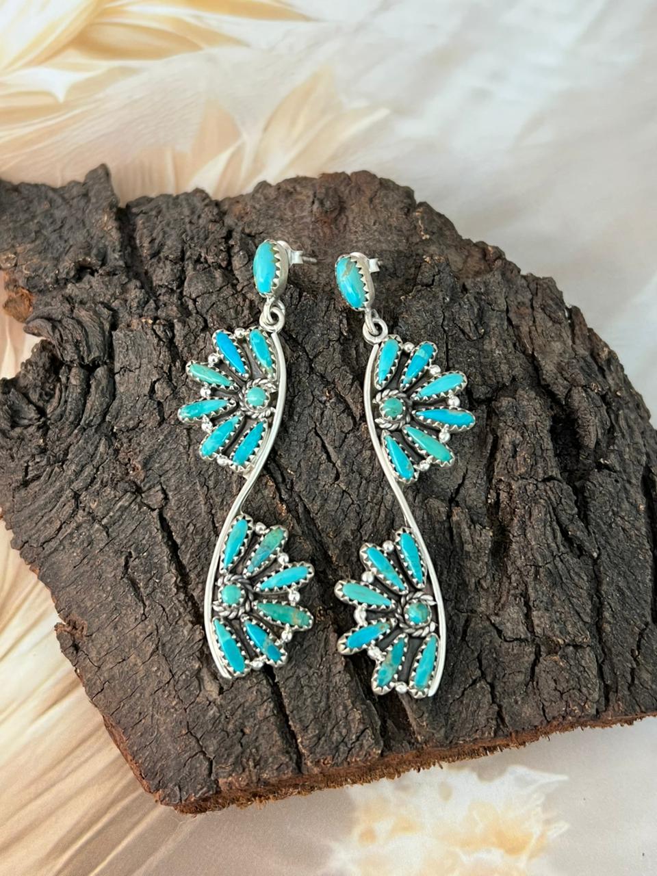 Handmade Sterling Silver Kingman Turquoise Post Dangle Earrings "Signed Nizhoni"