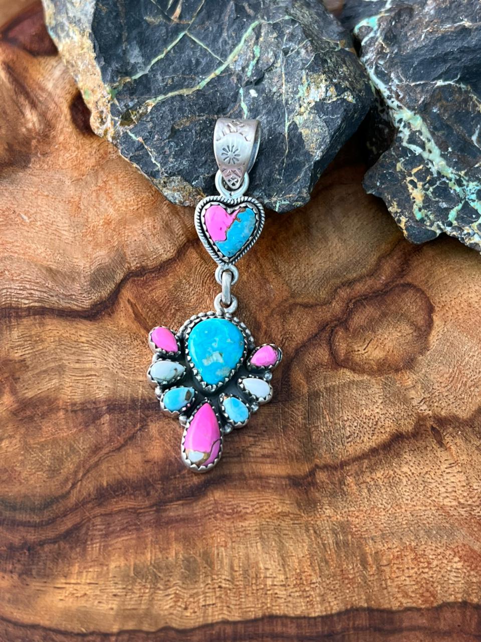 Handmade Sterling Silver Sierra Bella Turquoise with Cotton Candy Collection: Pendant "Signed Nizhoni"