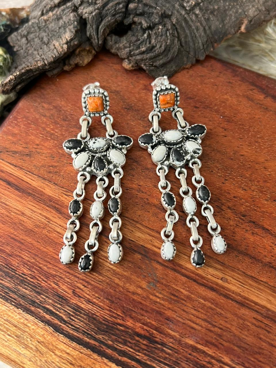 Handmade Sterling Silver White Buffalo with Orange Mojave Post Dangle Earrings "Signed Nizhoni"