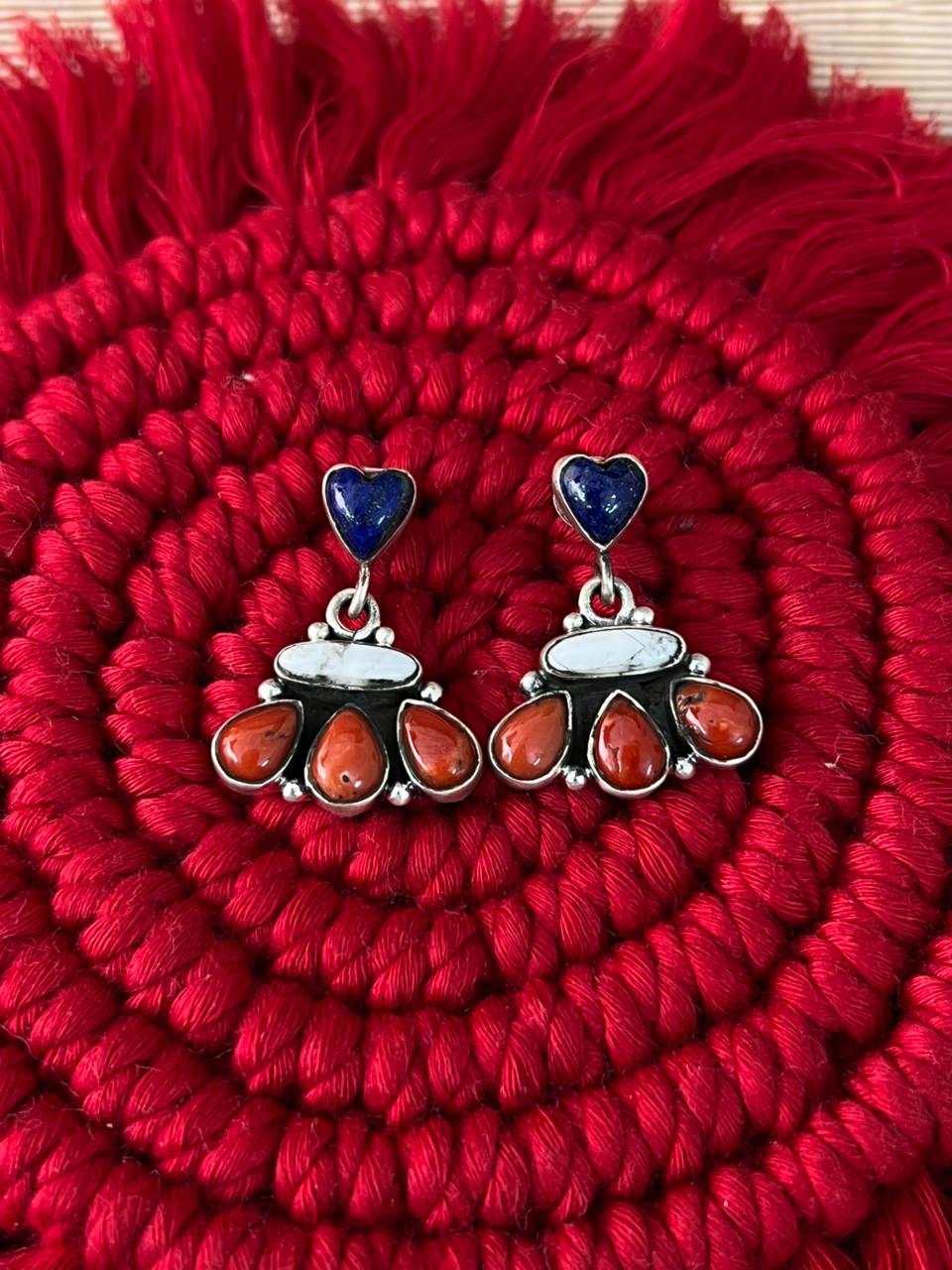 Handmade Sterling Silver 4th Of July Collection: Coral with Lapis and White Buffalo Post Dangle Earrings "Signed Nizhoni"