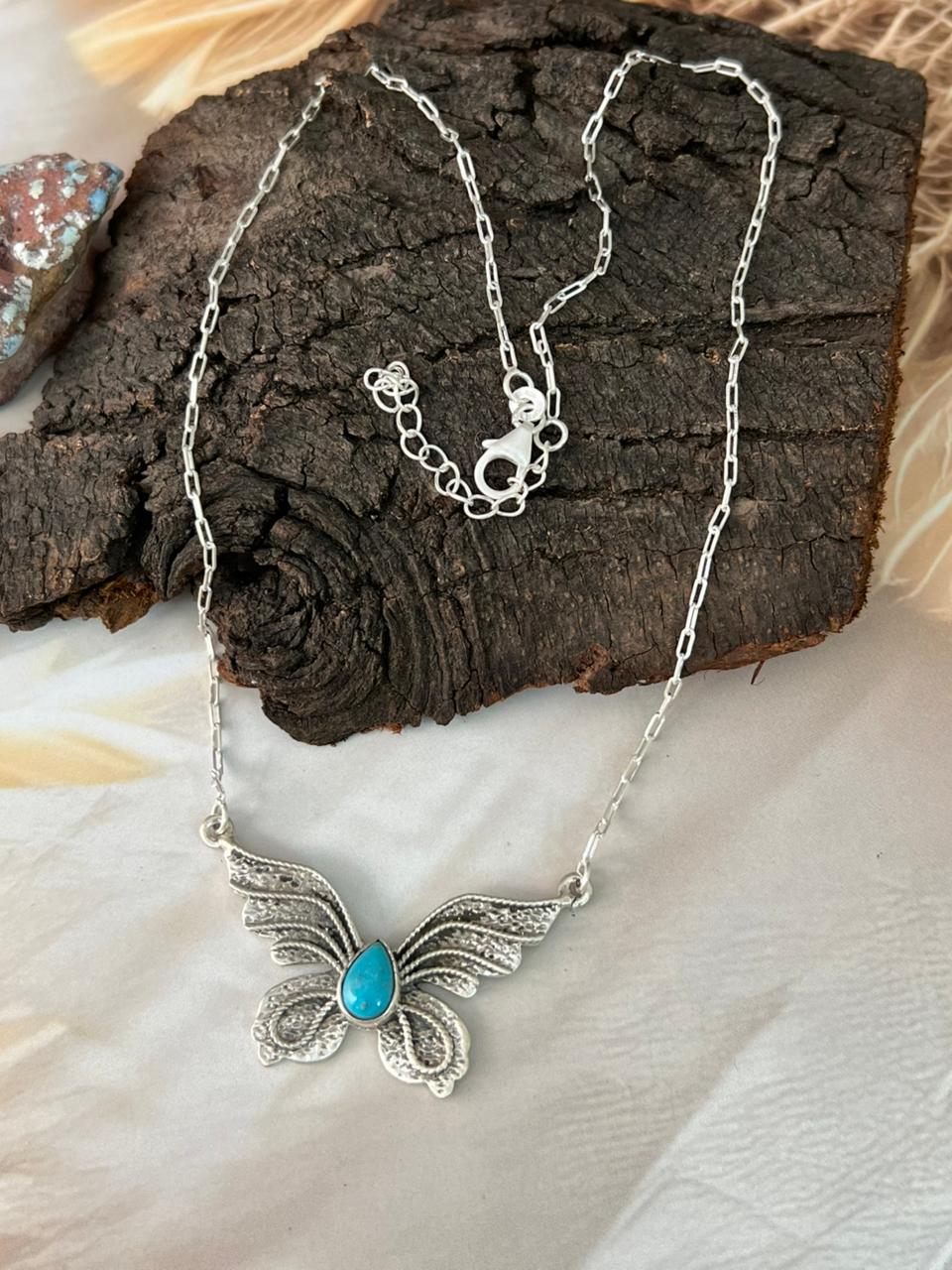 Handmade Sterling Silver Kingman Turquoise Butterfly Necklace "Signed Nizhoni"