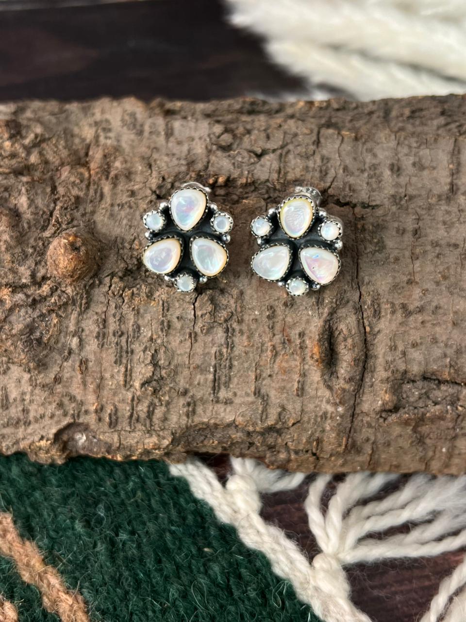 Handmade Sterling Silver Wedding Collection: Mother of Pearl Post Studs Earrings "Signed Nizhoni"