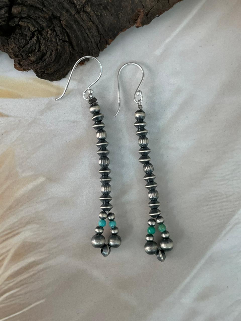 Handmade Sterling Silver Kingman Turquoise Hook Dangle Beaded Earrings