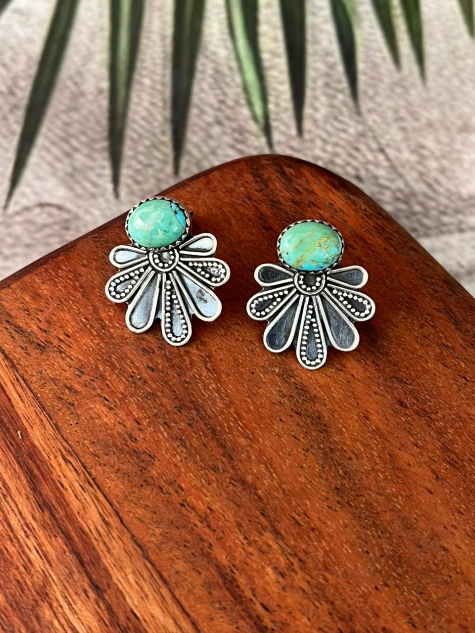 Handmade Sterling Silver Kingman Turquoise Post Studs Earrings "Signed Nizhoni"