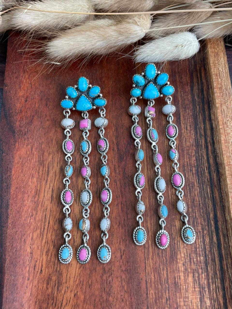 Handmade Sterling Silver Sierra Bella Turquoise with Cotton Candy Collection: Post Dangle Earrings "Signed Nizhoni" (2)