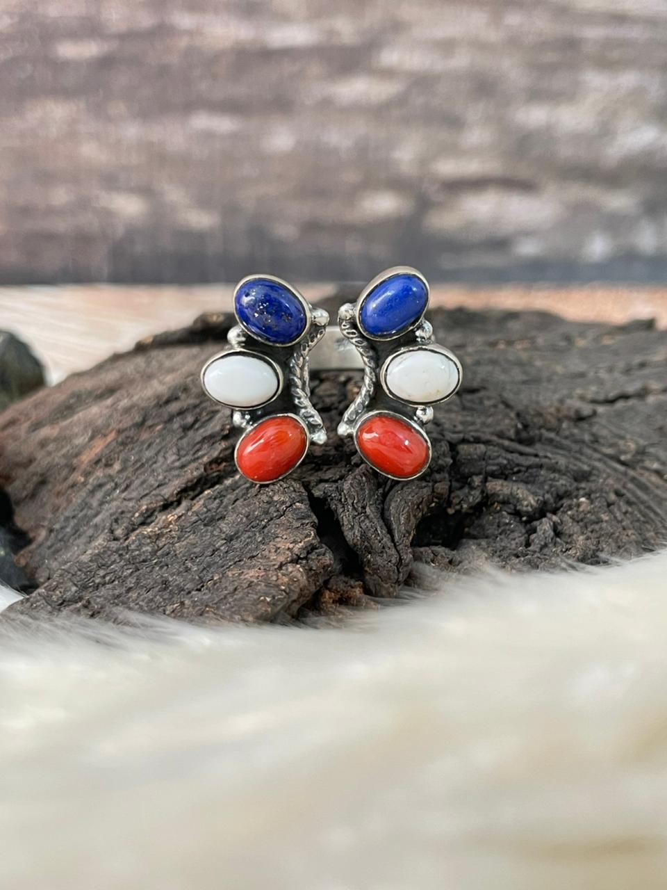 Handmade Sterling Silver 4th Of July Collection: Coral with Lapis and White Buffalo Adjustable Ring "Signed Nizhoni" (8)