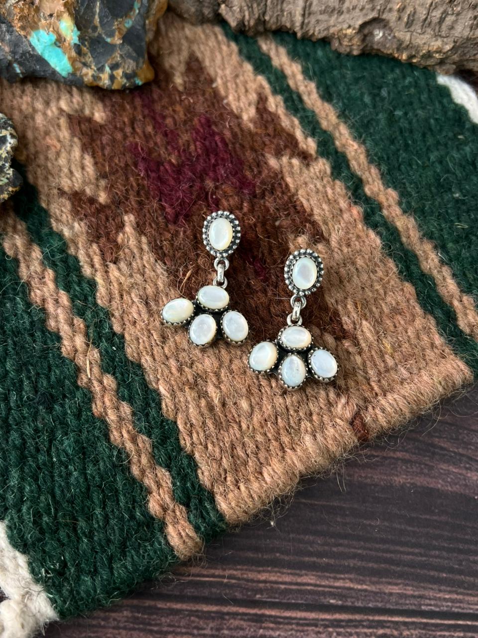 Handmade Sterling Silver Wedding Collection: Mother of Pearl Post Dangle Earrings "Signed Nizhoni"