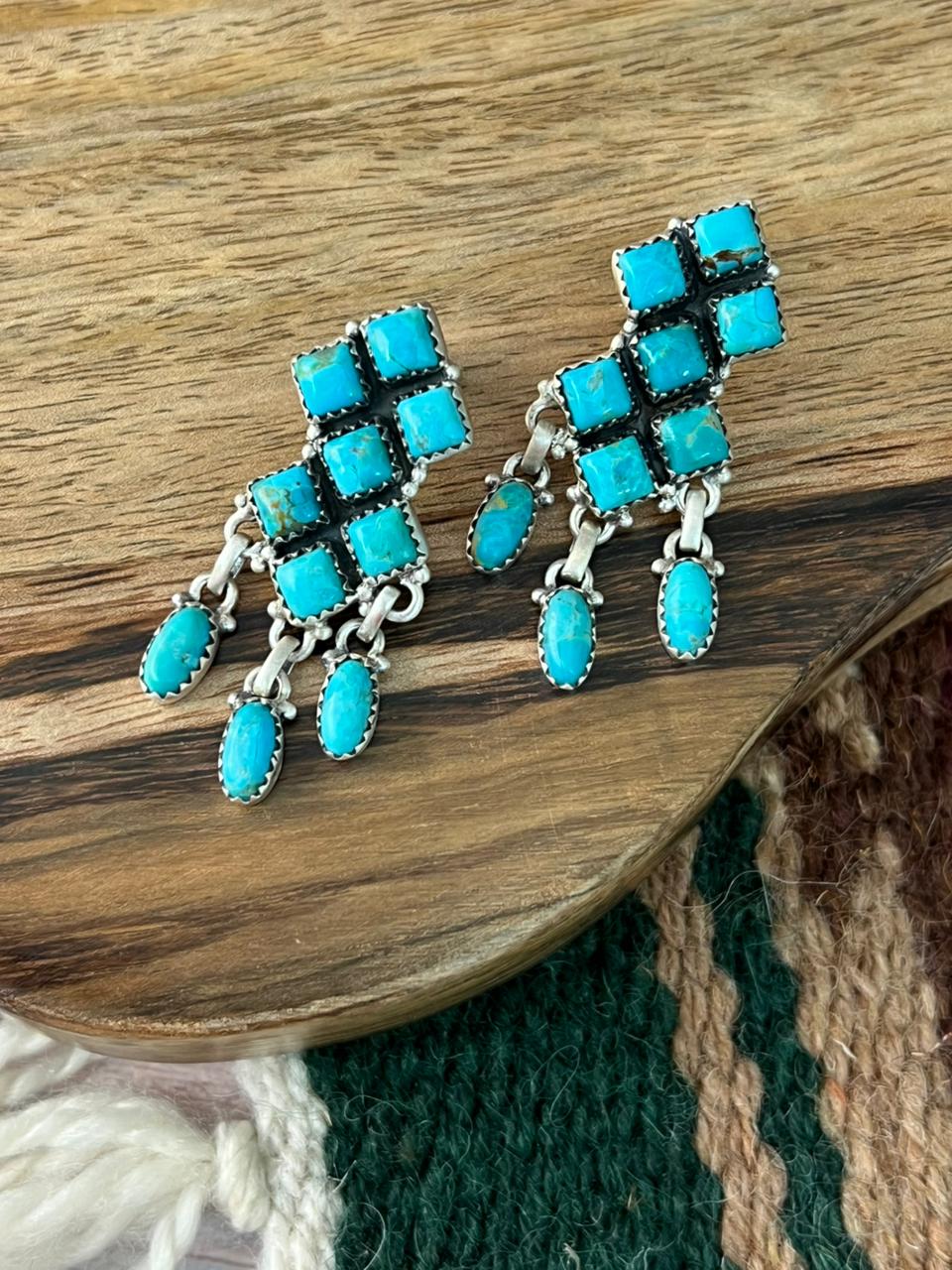 Handmade Sterling Silver Kingman Turquoise Post Dangle Earrings "Signed Nizhoni"