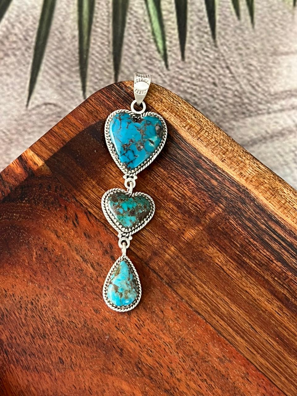 Handmade Sterling Silver Manassa Turquoise Heart Pendant "Signed Nizhoni"