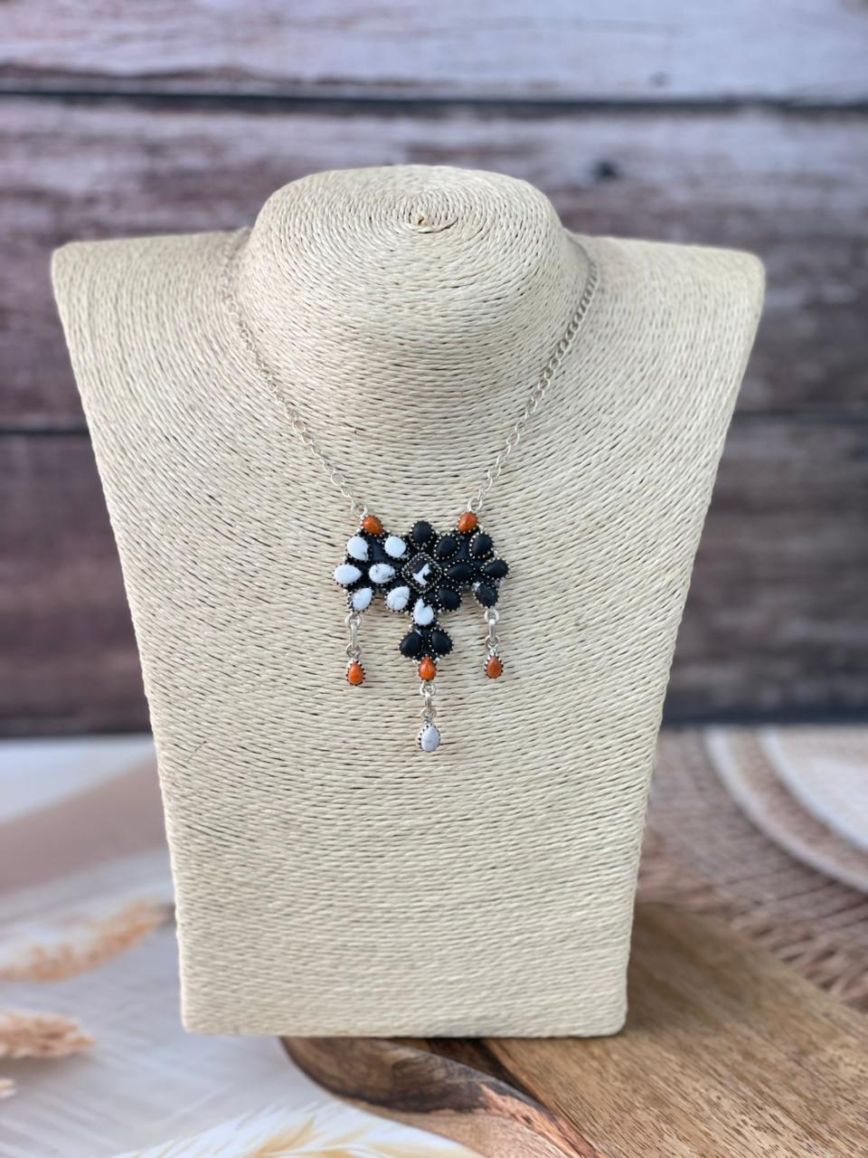 Handmade Sterling Silver Orange Mojave with White Buffalo Necklace Signed Nizhoni