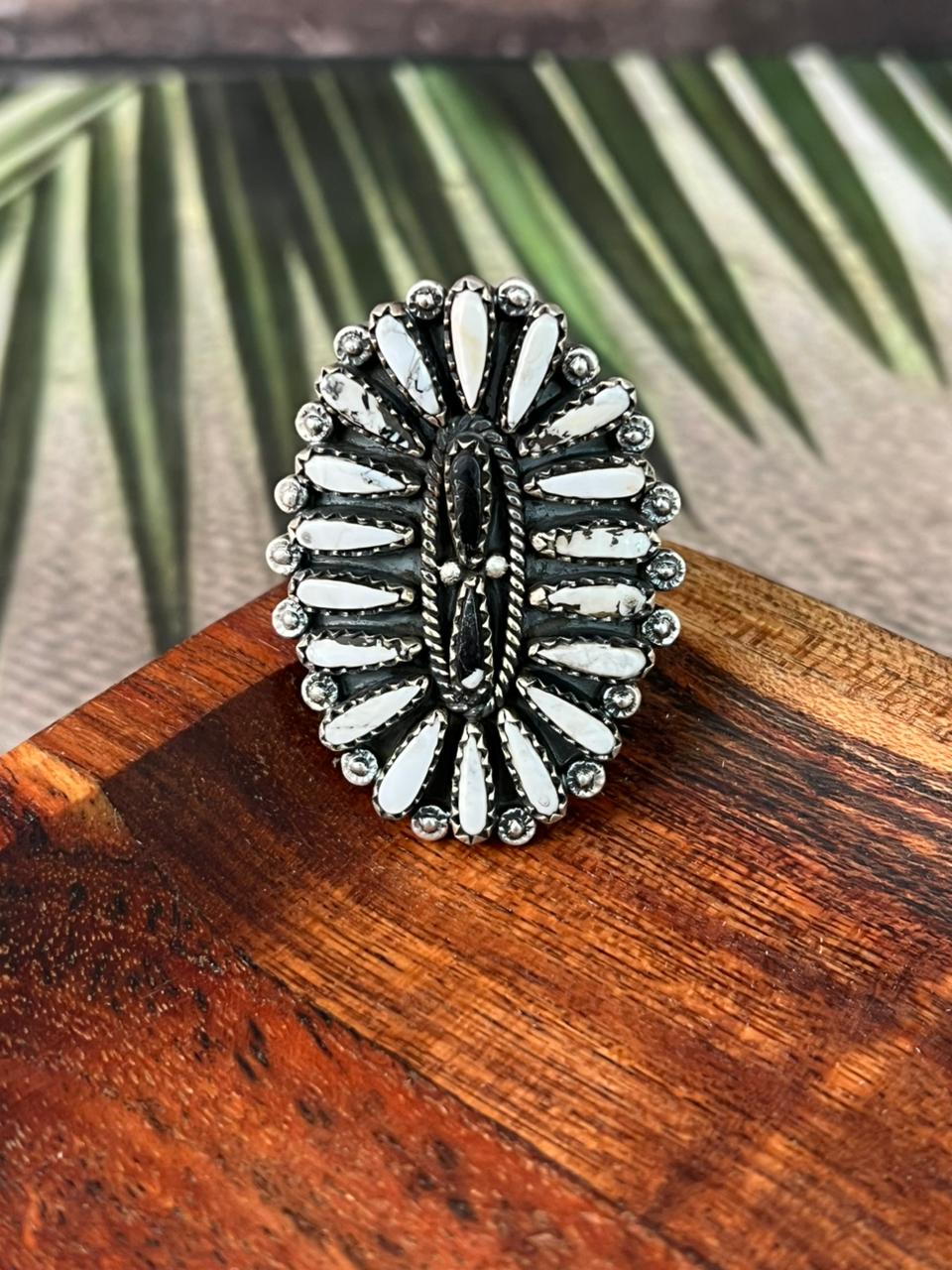 Handmade Sterling Silver White Buffalo Adjustable Ring "Signed Nizhoni"