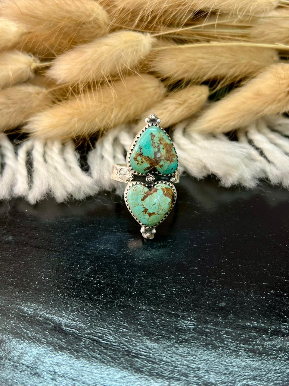 Handmade Sterling Silver Baja Turquoise Collection: Heart Adjustable Ring "Signed Nizhoni" (8)