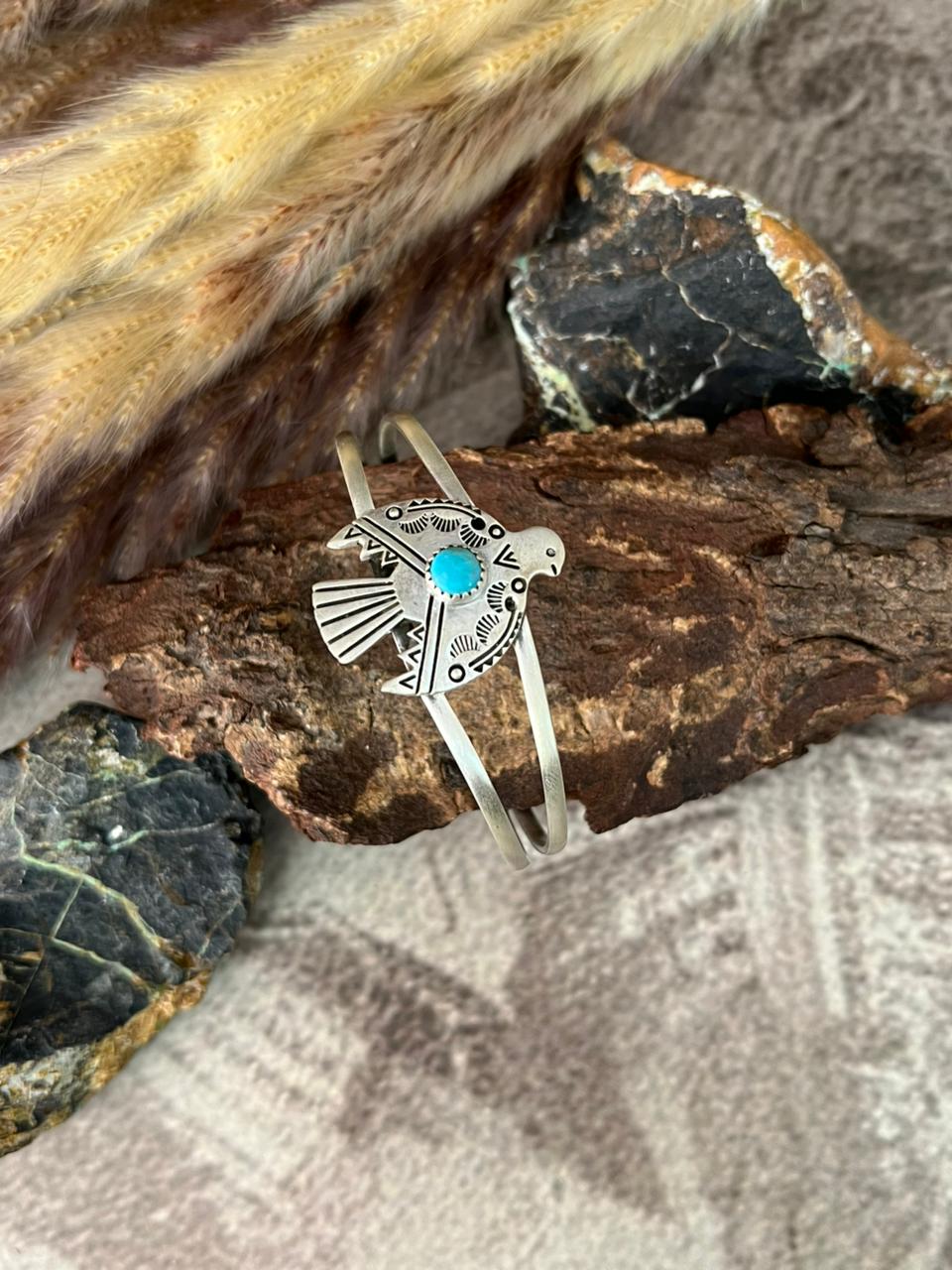 Handmade Sterling Silver Kingman Turquoise Thunder Bird Cuff Bracelet "Signed Nizhoni"