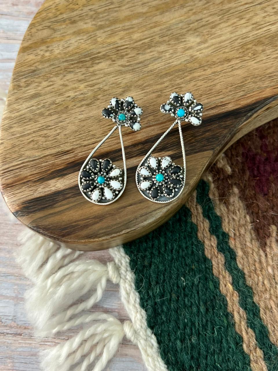 Handmade Sterling Silver Kingman Turquoise with White Buffalo Post Dangle Earrings "Signed Nizhoni"