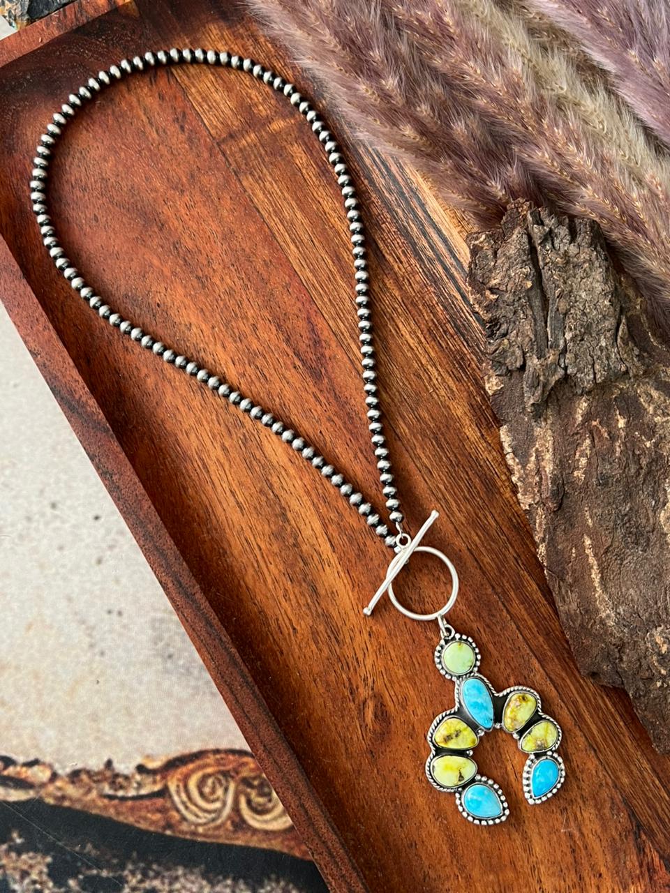 Handmade Sterling Silver Sierra Bella with Palomino Turquoise Naja Beaded Necklace "Signed Nizhoni"