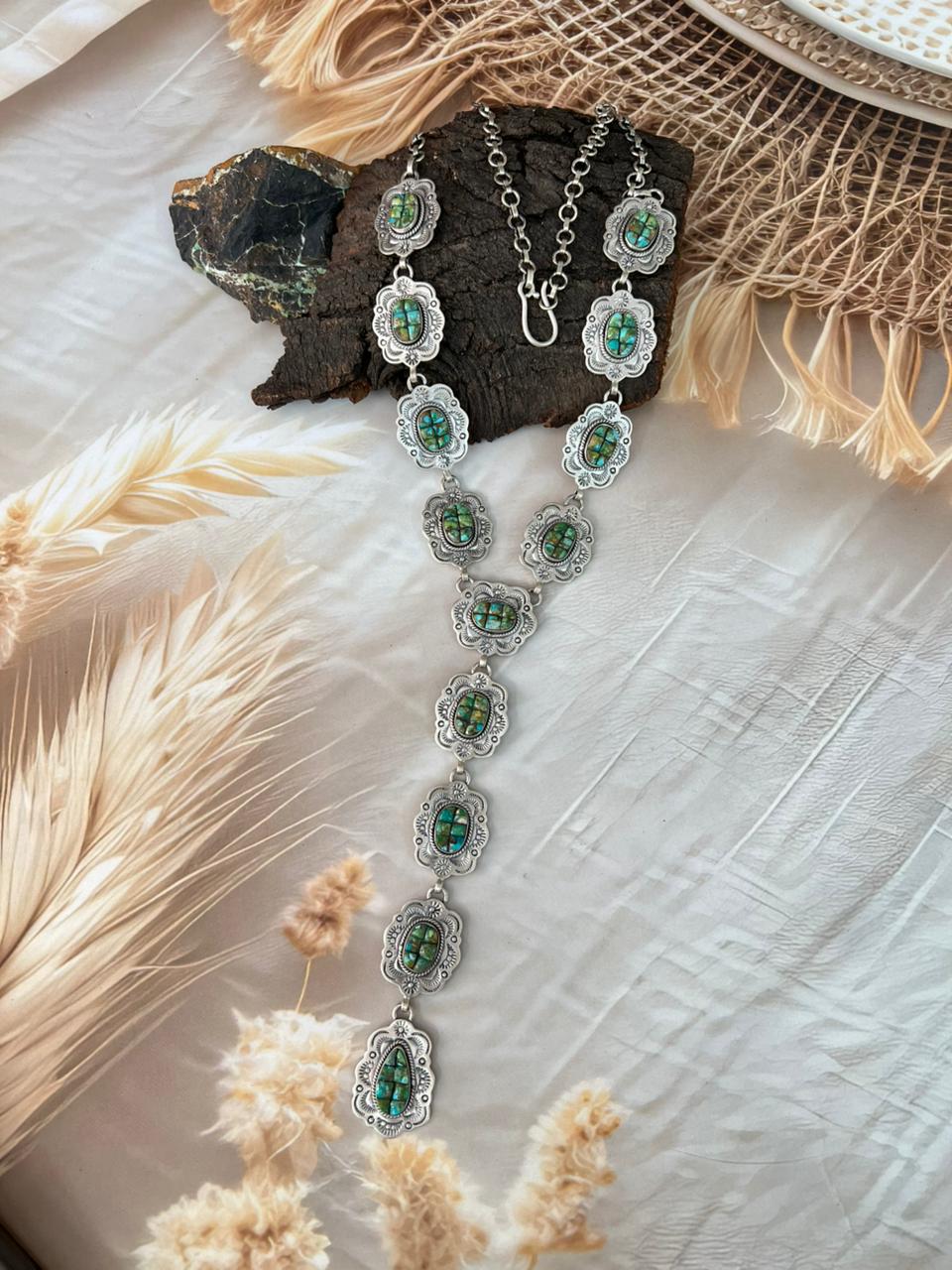 Handmade Sterling Silver Sonoran Cobble Collection: Sonoran Mountain Turquoise 'Y Shaped' Necklace "Signed Nizhoni"