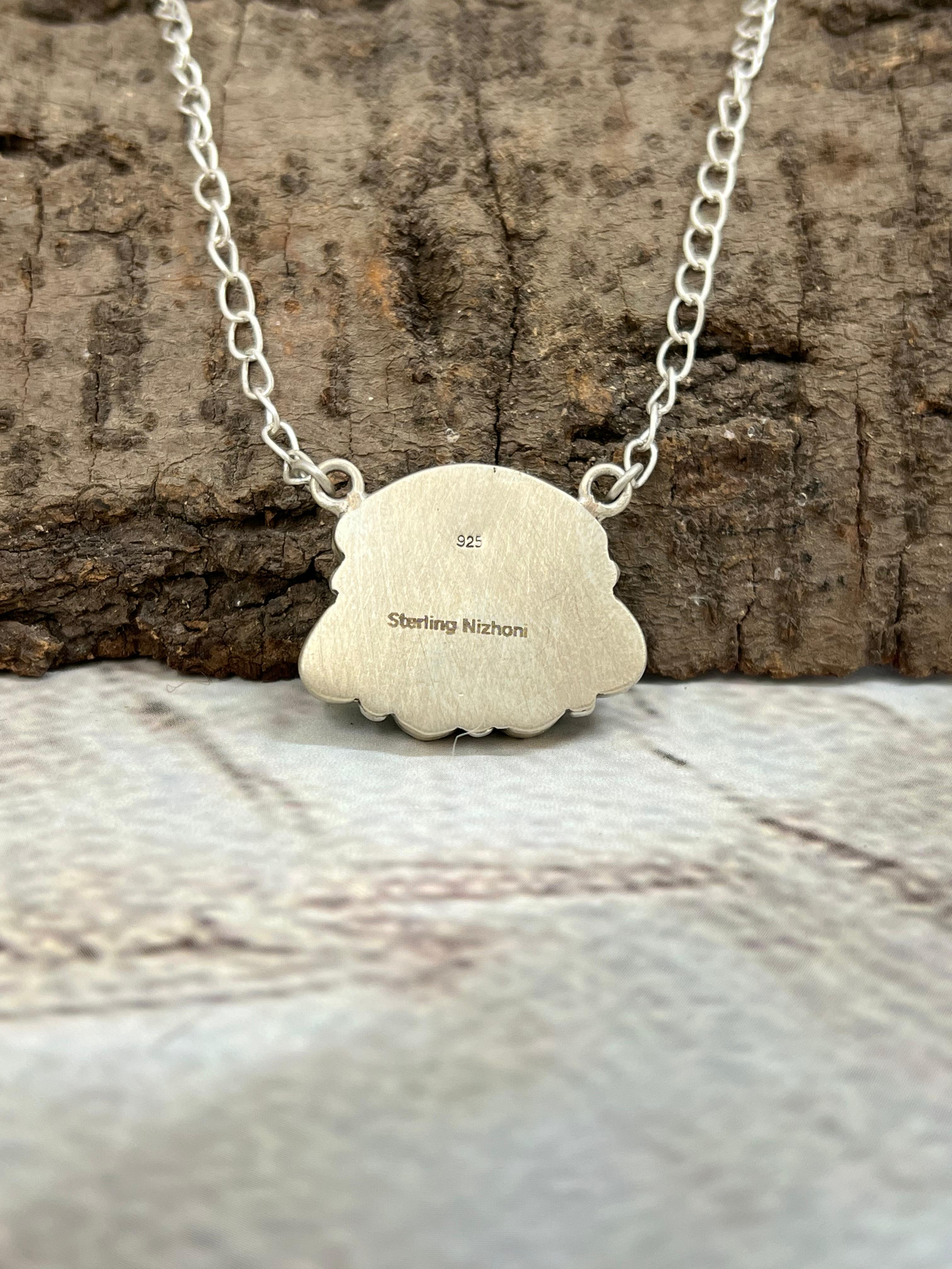 Handmade Sterling Silver White Buffalo with Peacock Dahlia Necklace with Signed Nizhoni
