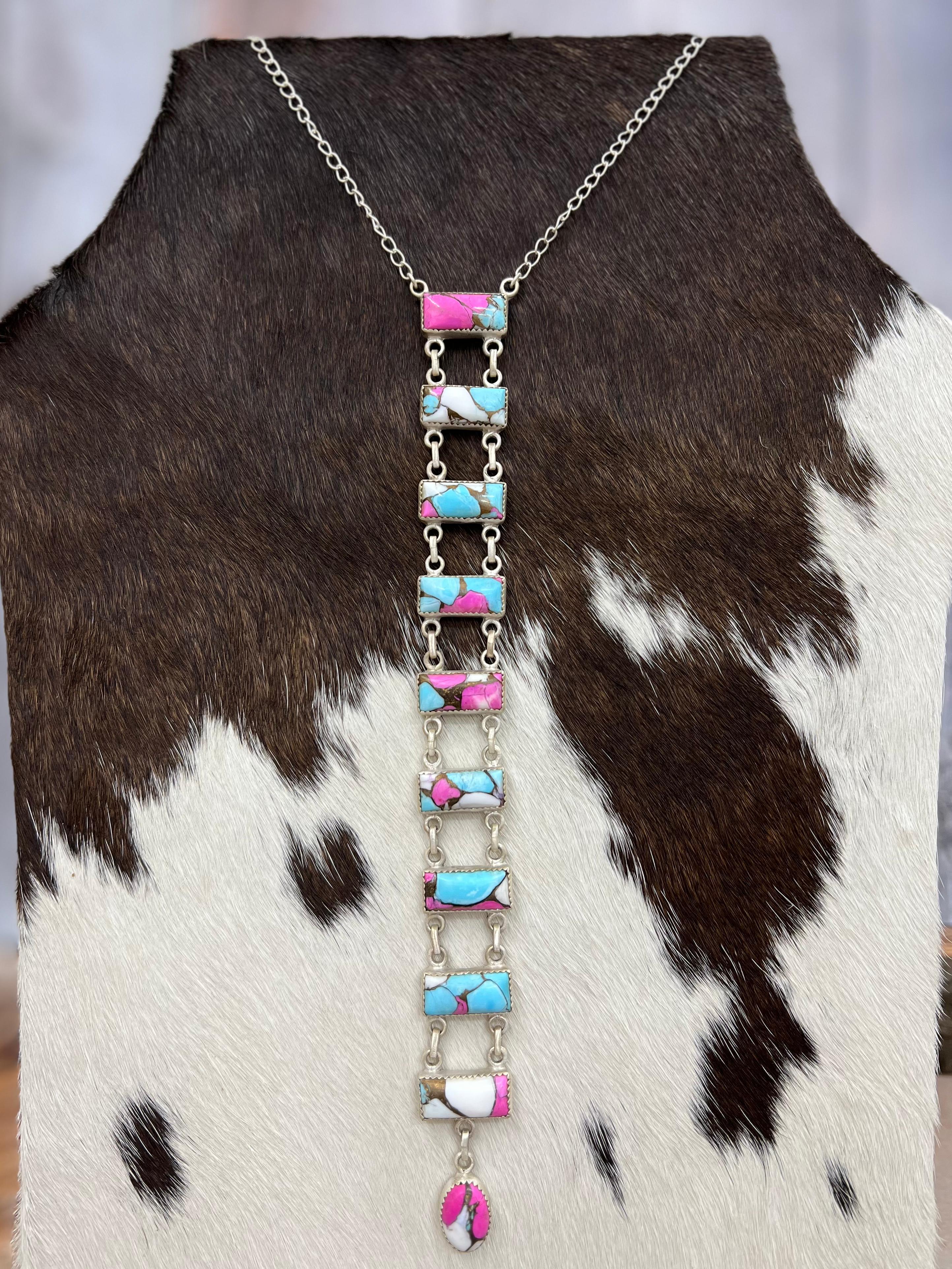 Handmade Sterling Silver Cotton Candy Turquoise Stairs Necklace with Signed Nizhoni