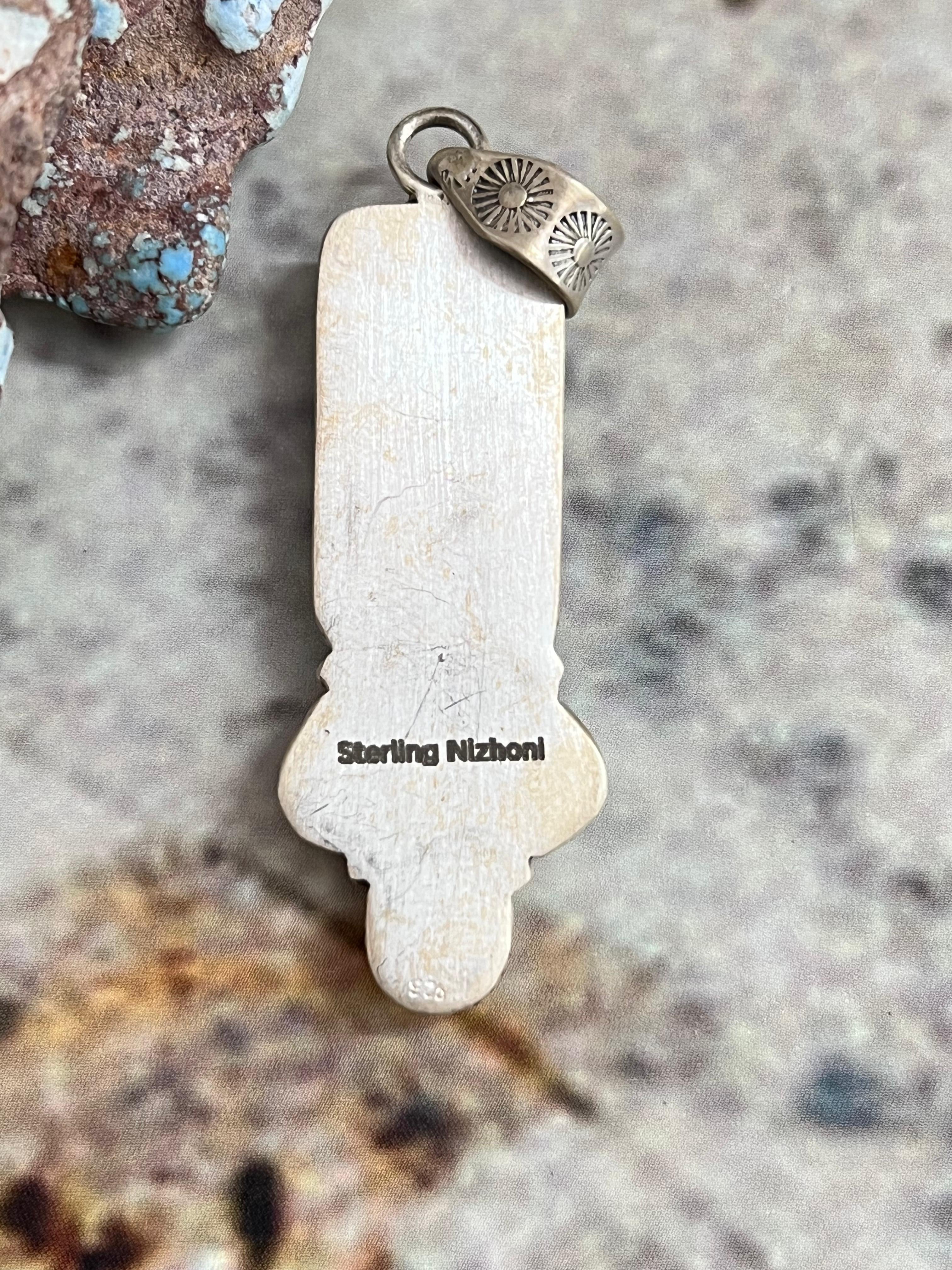 Handmade Sterling Silver Kingman Turquoise & Wild Horse Pendant with Signed Nizhoni