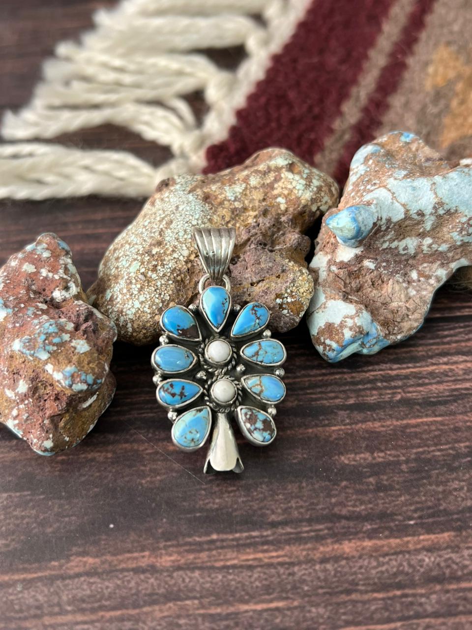 Handmade Sterling Silver Golden Hills and White Collection Blossom Pendant "Signed Nizhoni"