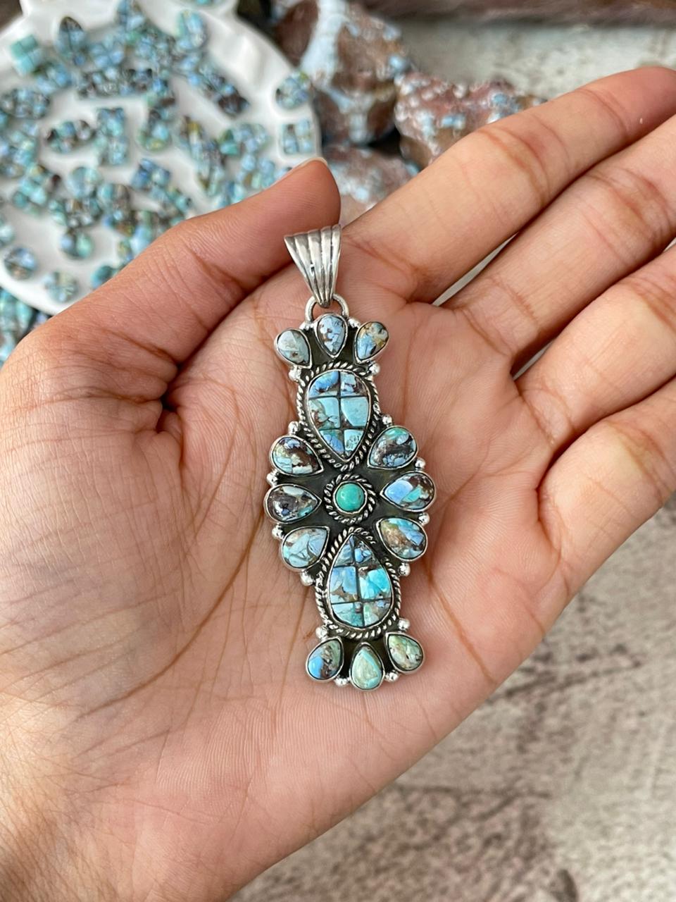 Handmade Sterling Silver Golden Hills Turquoise Cobble Collection Pendant "Signed Nizhoni"