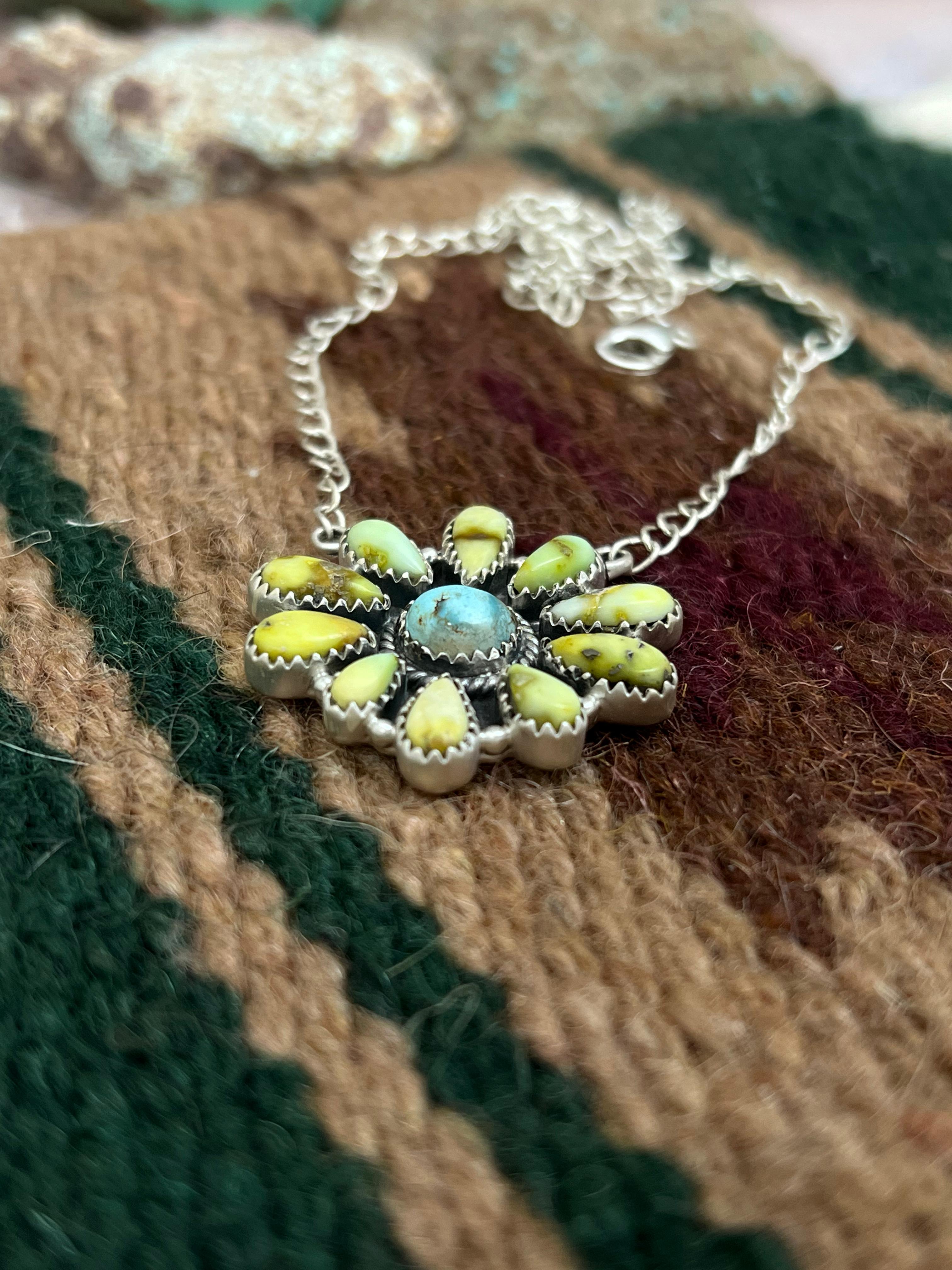 Handmade Sterling Silver Palomino, Golden Hills Turquoise Necklace with Signed Nizhoni