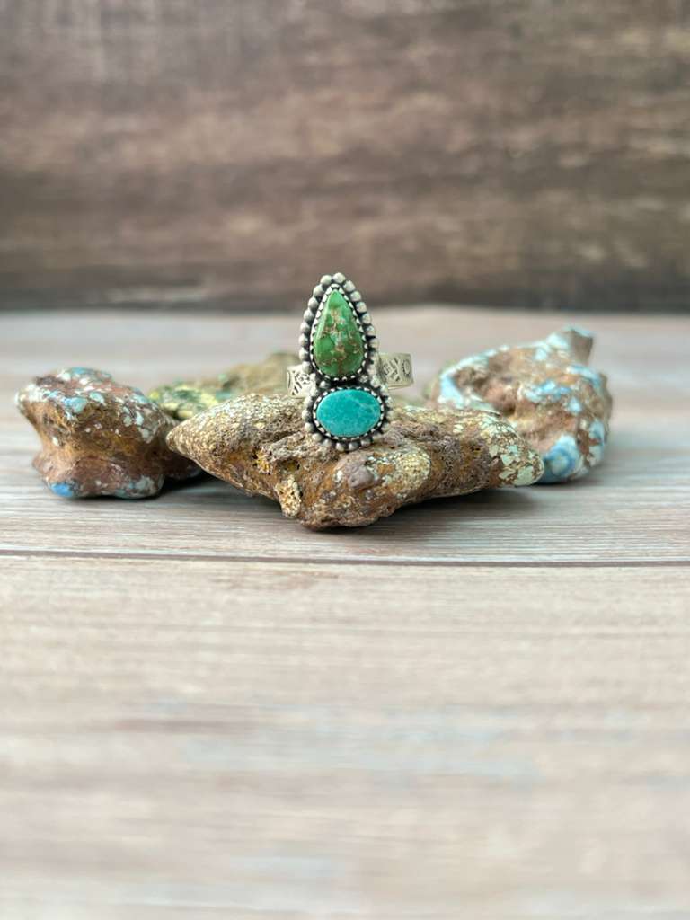 Handmade Sterling Silver Sonoran Mountain Turquoise with White Water Adjustable Ring "Signed Nizhoni"