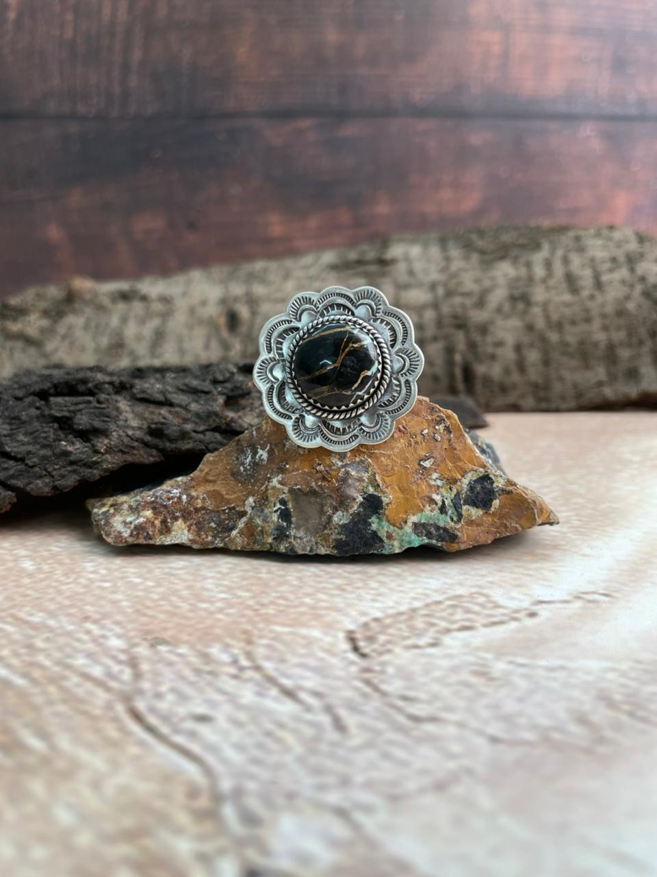 Handmade Sterling Silver Blackjack Turquoise Adjustable Ring "Signed Nizhoni" (6)