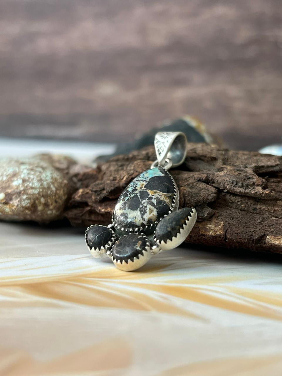 Handmade Sterling Silver Blackjack Turquoise Pendant "Signed Nizhoni"