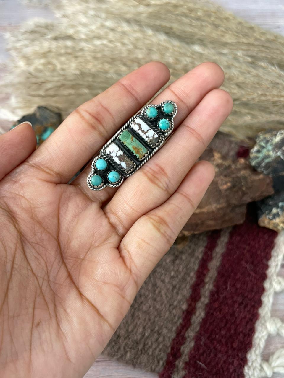 Handmade Sterling Silver Wild Horse Magnesite with Kingman Turquoise Adjustable Ring "Signed Nizhoni"