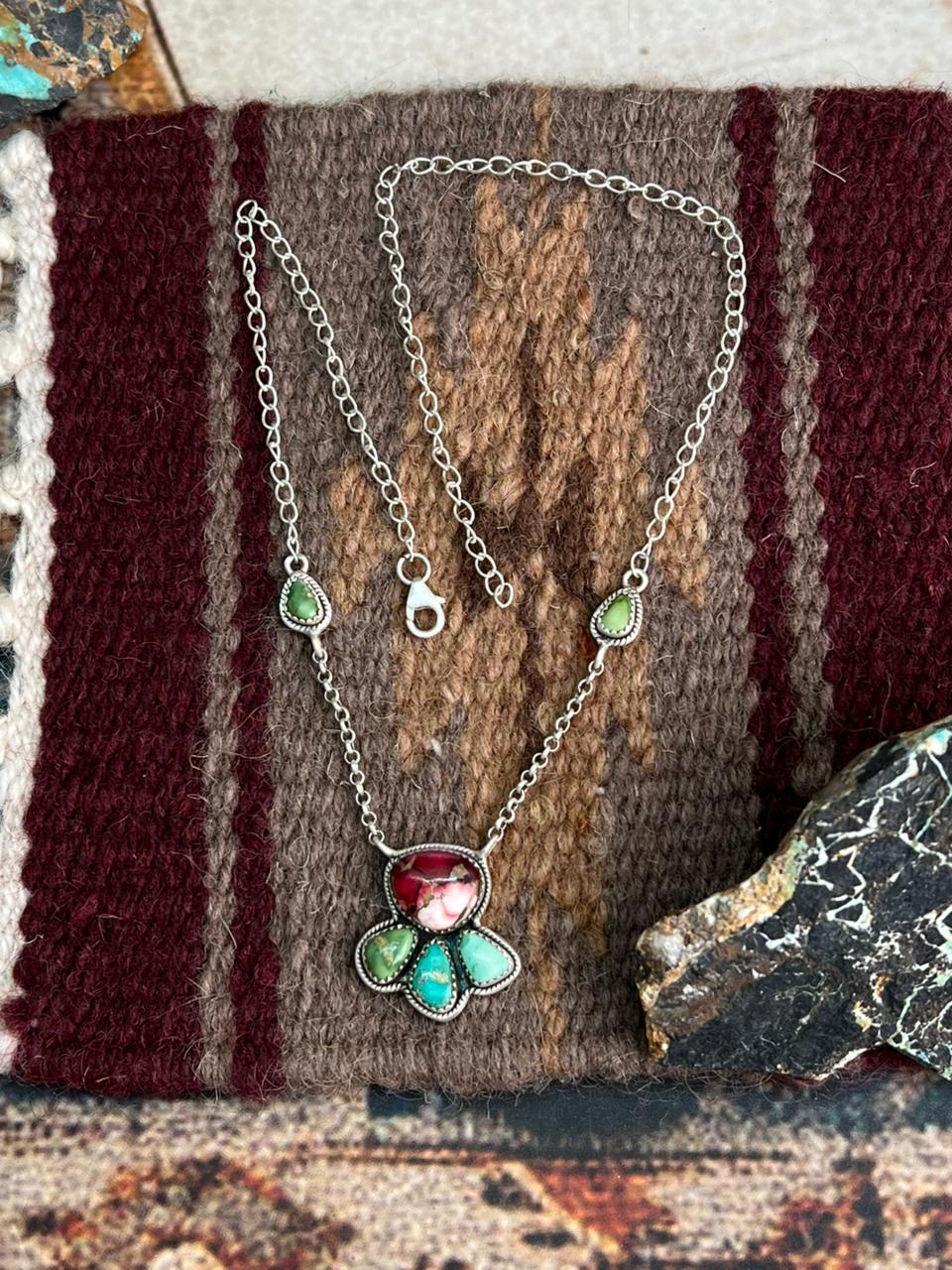 Handmade Sterling Silver Dahlia Rose with Emerald Valley Turquoise Necklace "Signed Nizhoni"