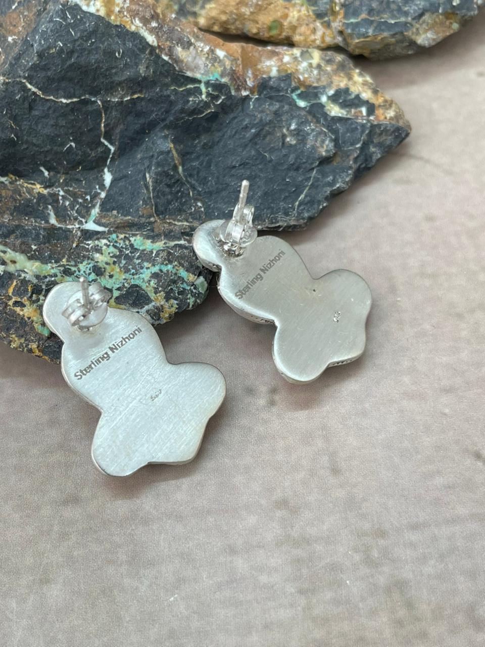 Handmade Sterling Silver Arizona Blue Turquoise with Hot Pink Post Studs Earrings "Signed Nizhoni"