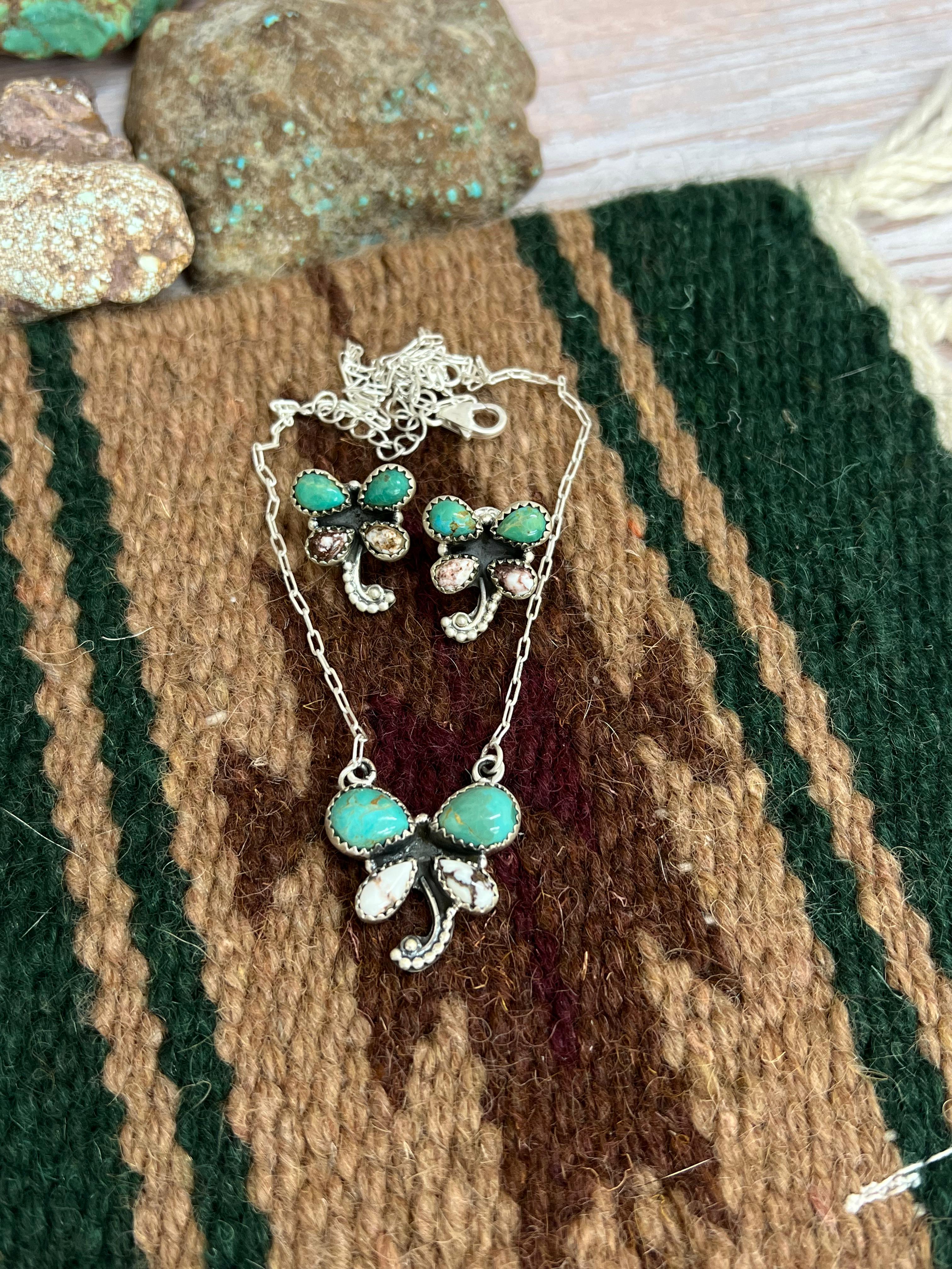 Handmade Sterling Silver Kingman Turquoise, Wild Horse Necklace Earrings Set with Signed Nizhoni