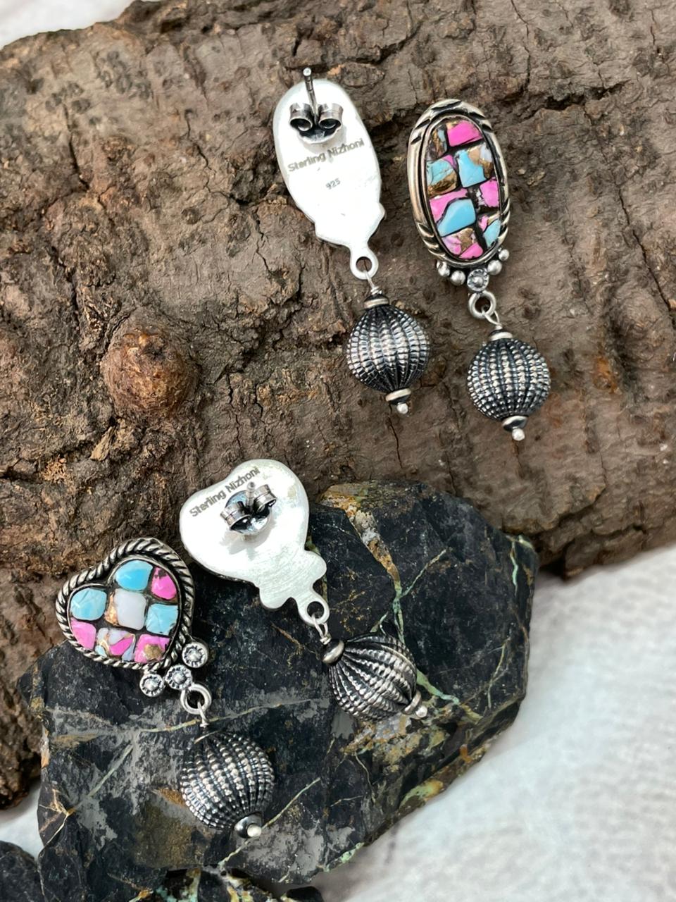 Handmade Sterling Silver Cotton Candy Post Dangle Earrings "Signed Nizhoni"