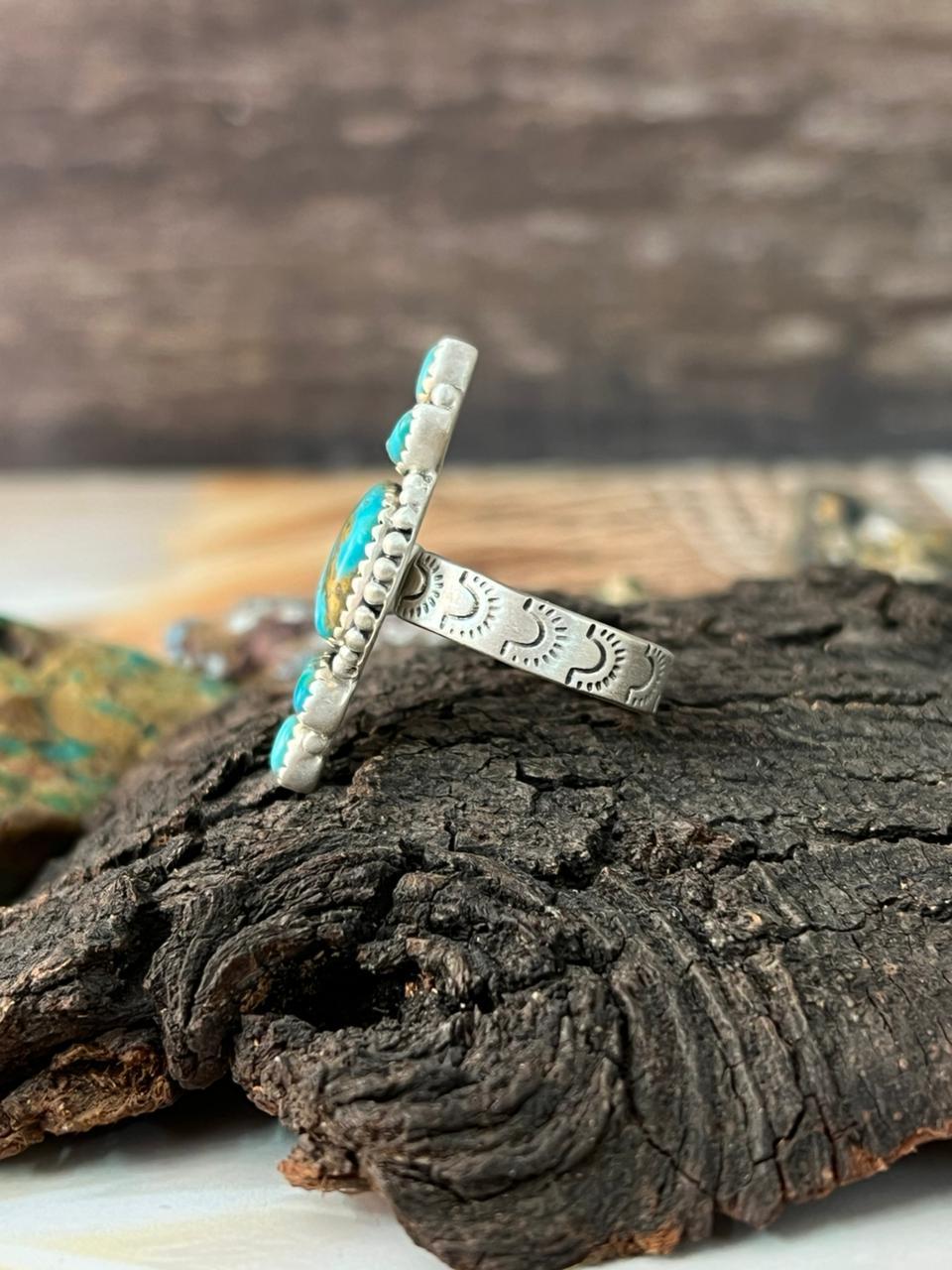 Handmade Sterling Silver Santa Maria with Kingman Turquoise Adjustable Ring "Signed Nizhoni"