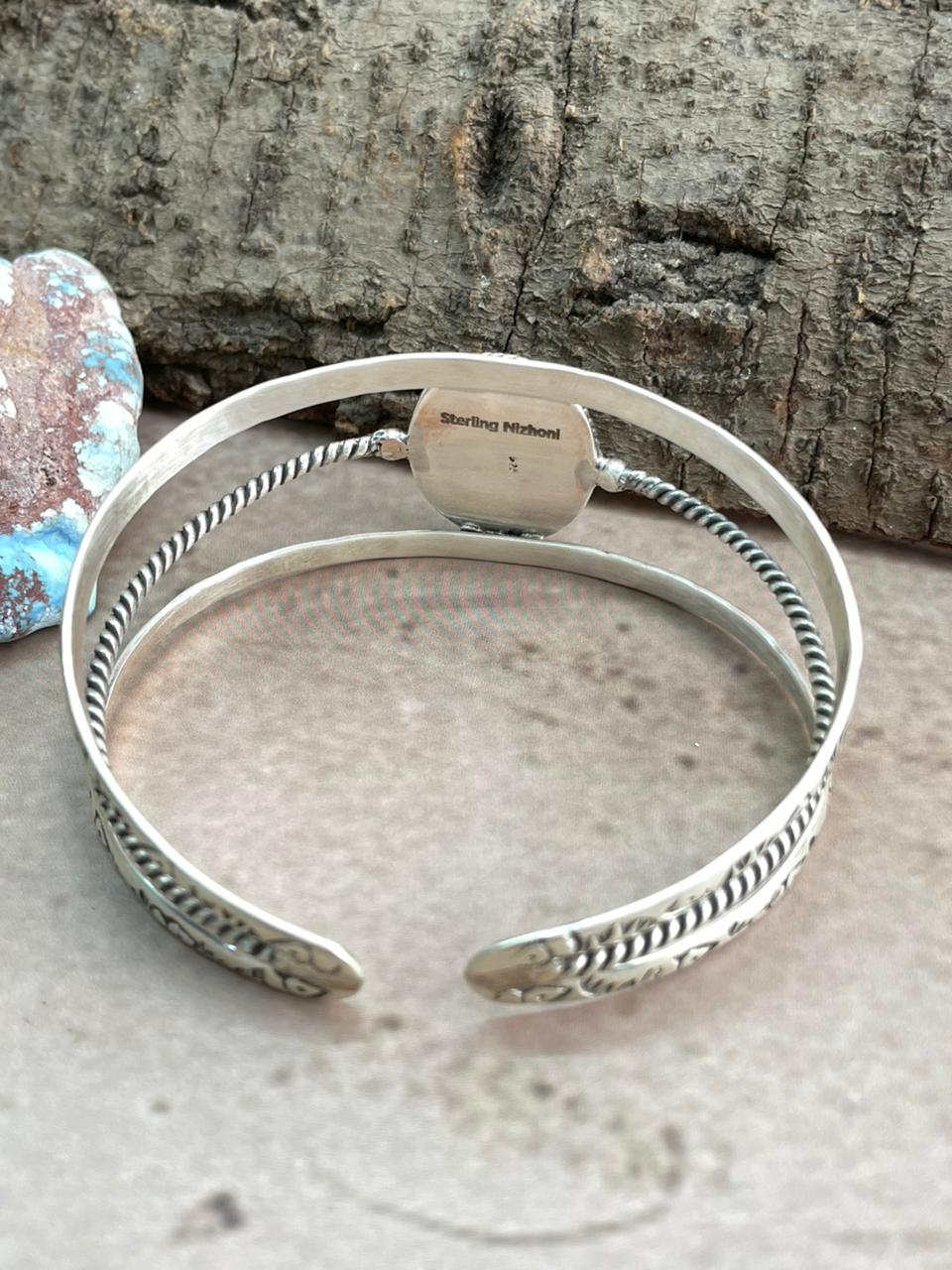 Handmade Sterling Silver Mantis Turquoise Cuff Bracelet with Signed Nizhoni