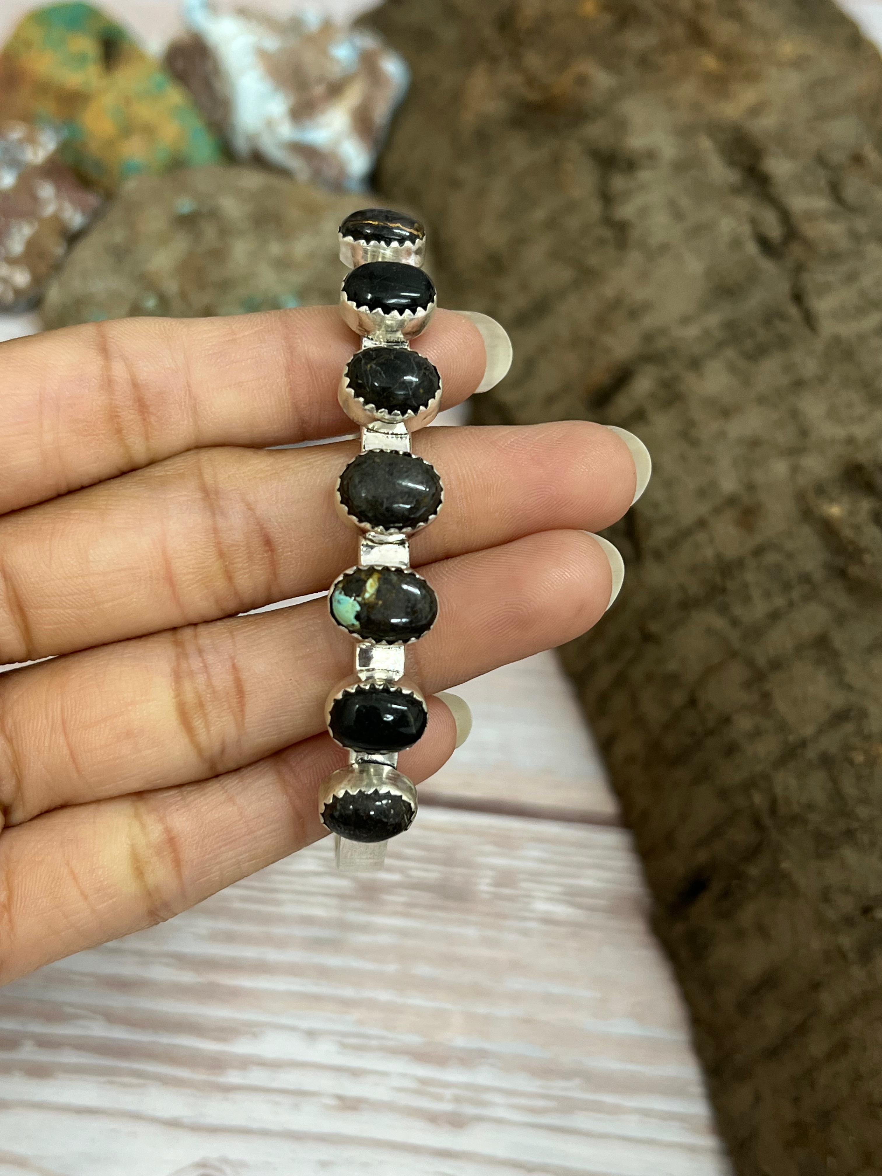 Handmade Sterling Silver Black Jack Cuff Bracelet with Signed Nizhoni