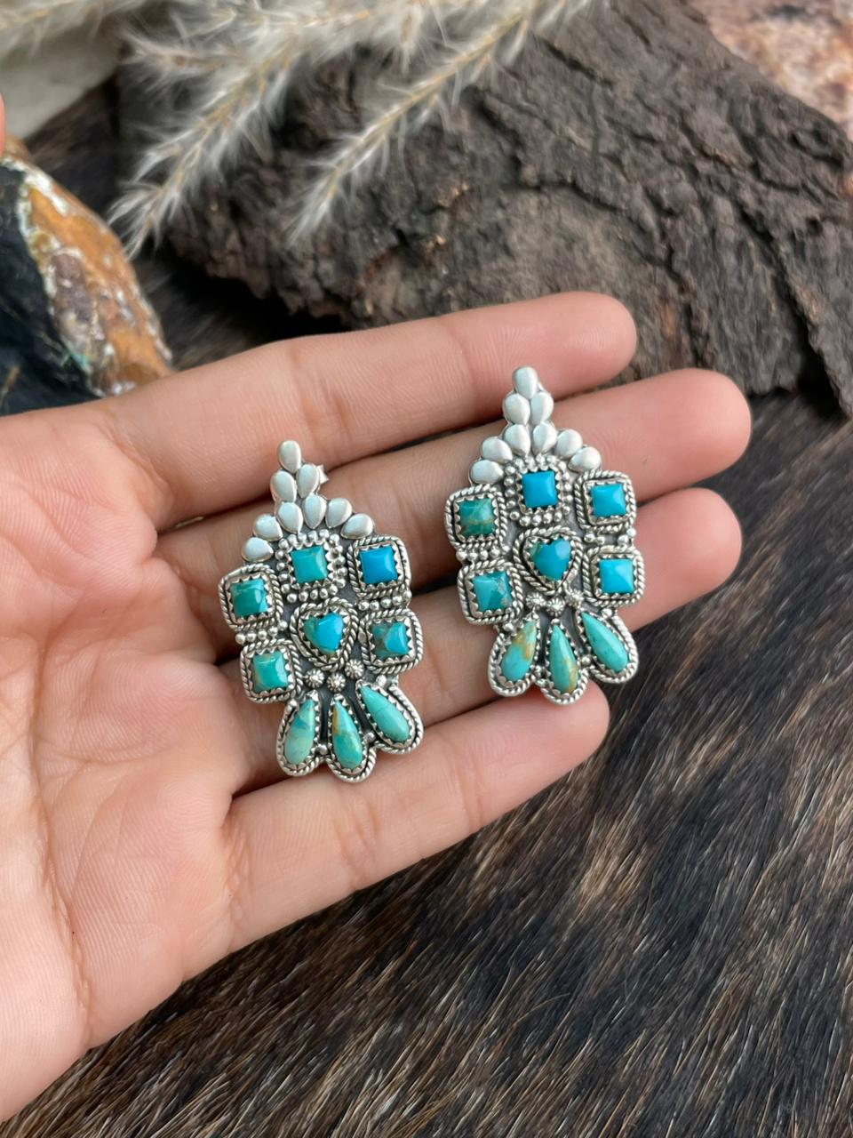 Handmade Sterling Silver Kingman Turquoise Post Earrings "Signed Nizhoni"
