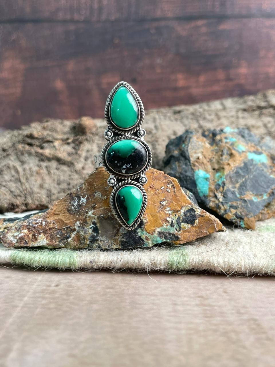 Handmade Sterling Silver Emerald Rose Adjustable Ring "Signed Nizhoni"