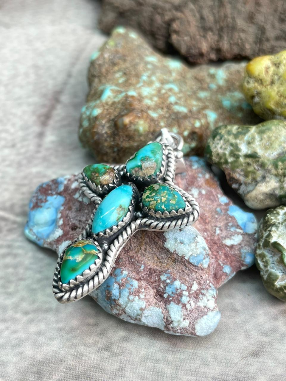 Handmade Sterling Silver Sonoran Mountain Turquoise Cross Pendant "Signed Nizhoni"