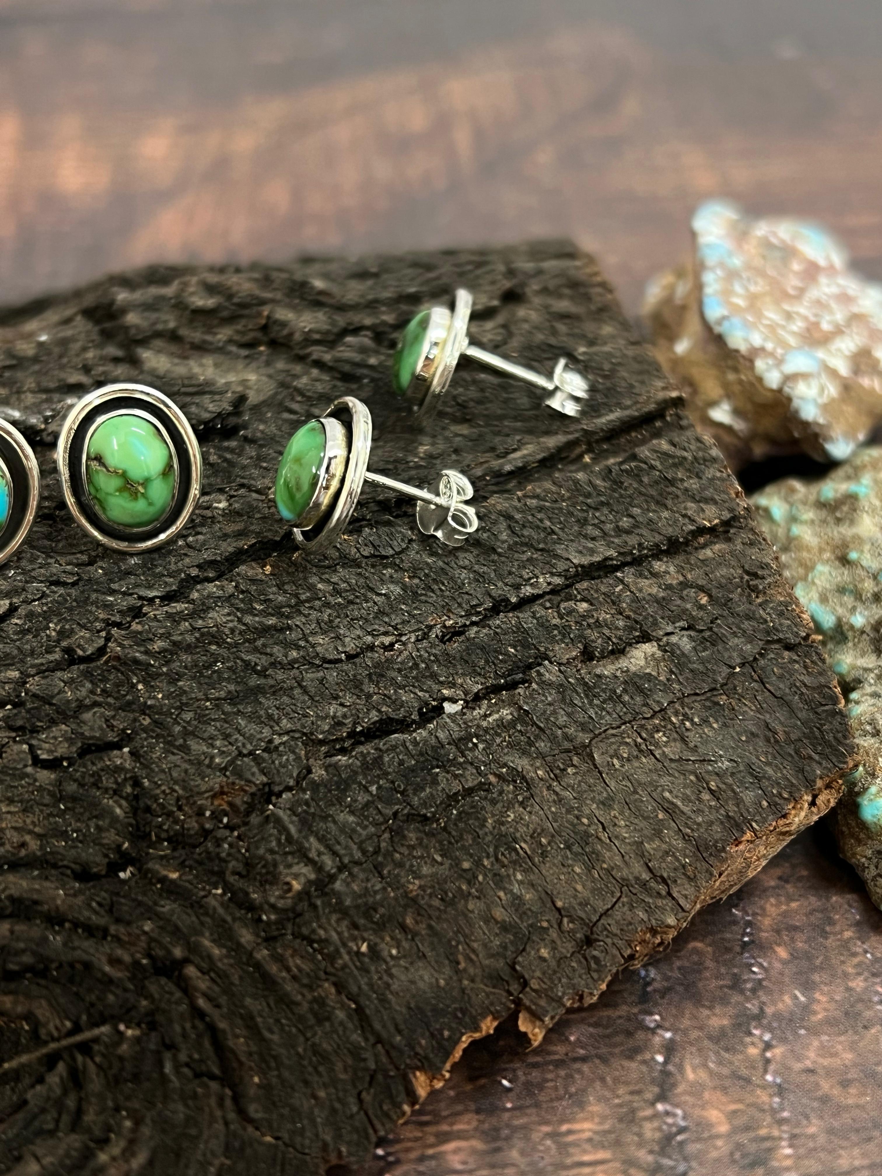 Handmade Sterling Silver Sonoran Mountain Turquoise Post Studs with Signed Nizhoni