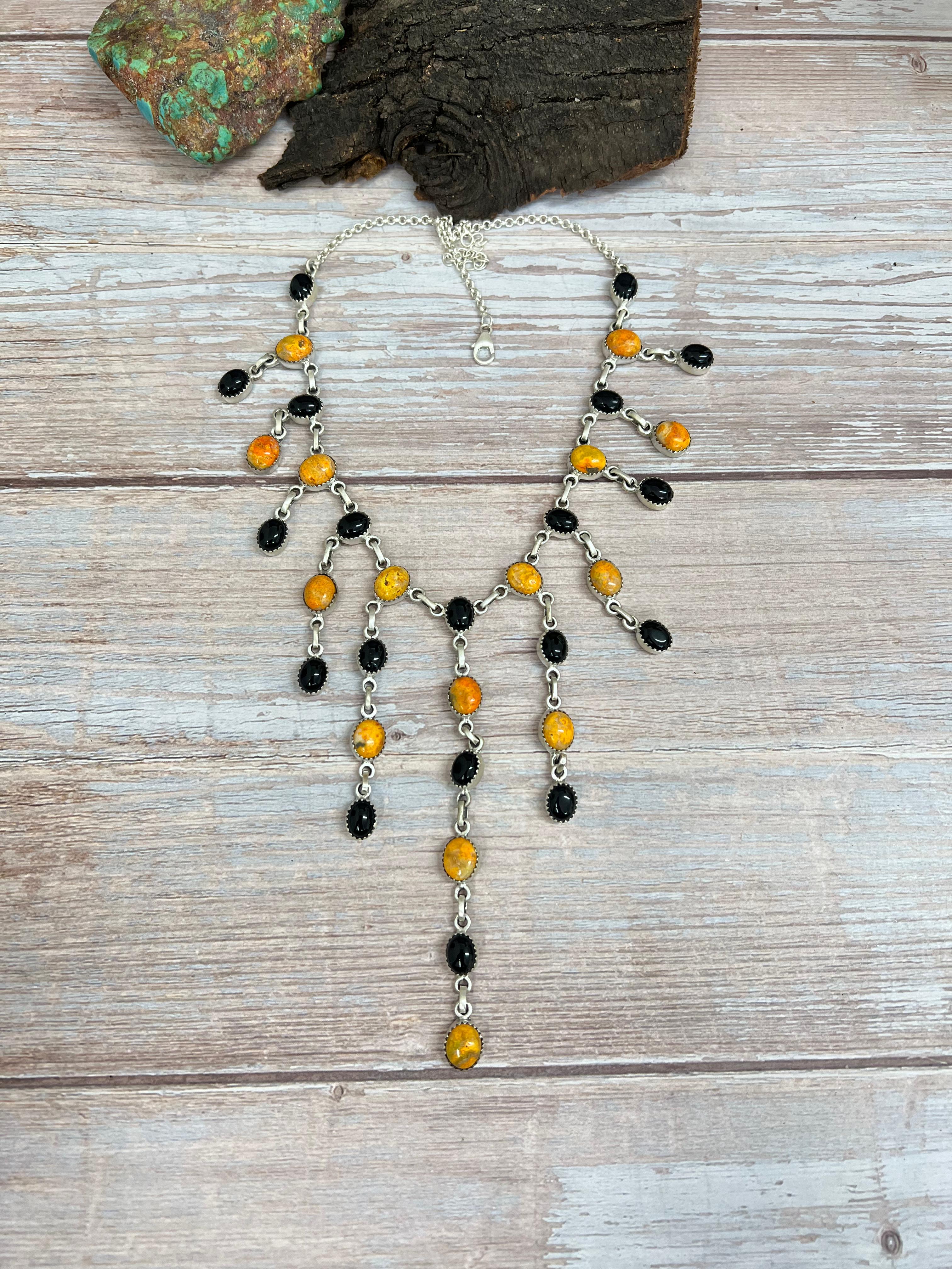 "Halloween Collection" Handmade Sterling Silver Black Onyx, Bumblebee Necklace with Signed Nizhoni